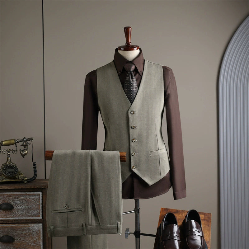 Men's 3-Piece English Style Classic Suit Jacket and Trousers Set for Leisure Wedding