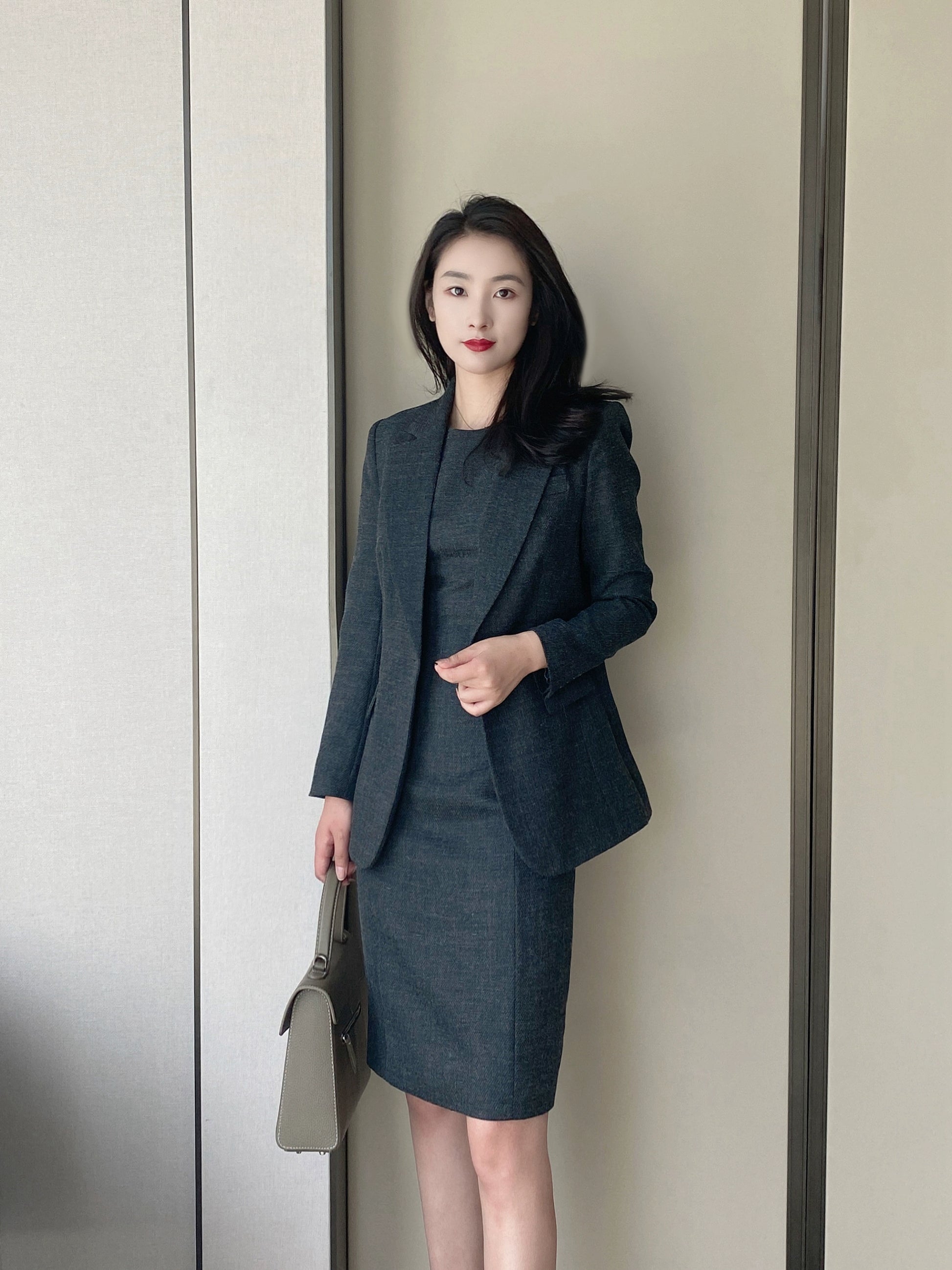 Dark Gray Demi-Season Fitted Dress, Skirt & Jacket Set