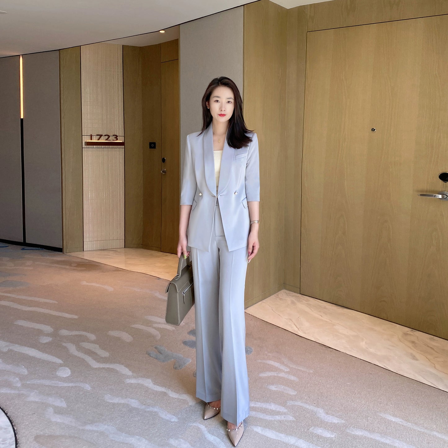 Silver Gray Summer Women's Suit Set with Loose Straight Fit