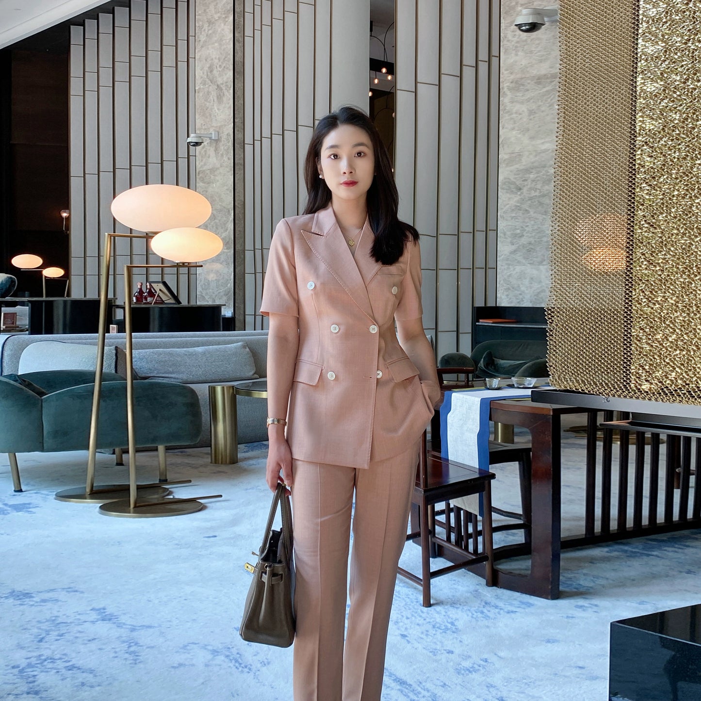 Fuchsia Summer Light Slim Suit Set with Short Sleeve