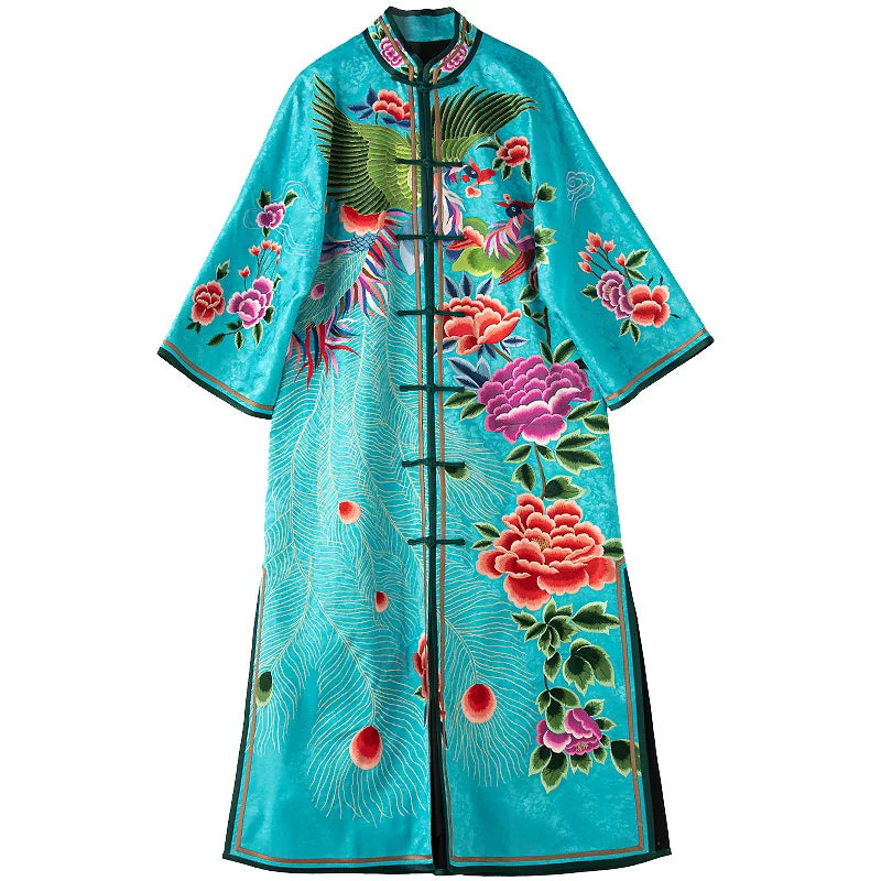 Custom Chinese‑Style Qipao Dress Hand‑Embroidered Blue Long Plus‑Size