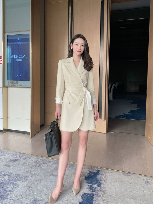 Elegant Oat-Colored Korean Autumn Suit Dress for Women