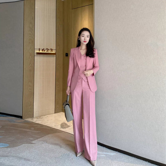 Rose Pink Professional Three-Piece Women's Suit with High-Waist Pants