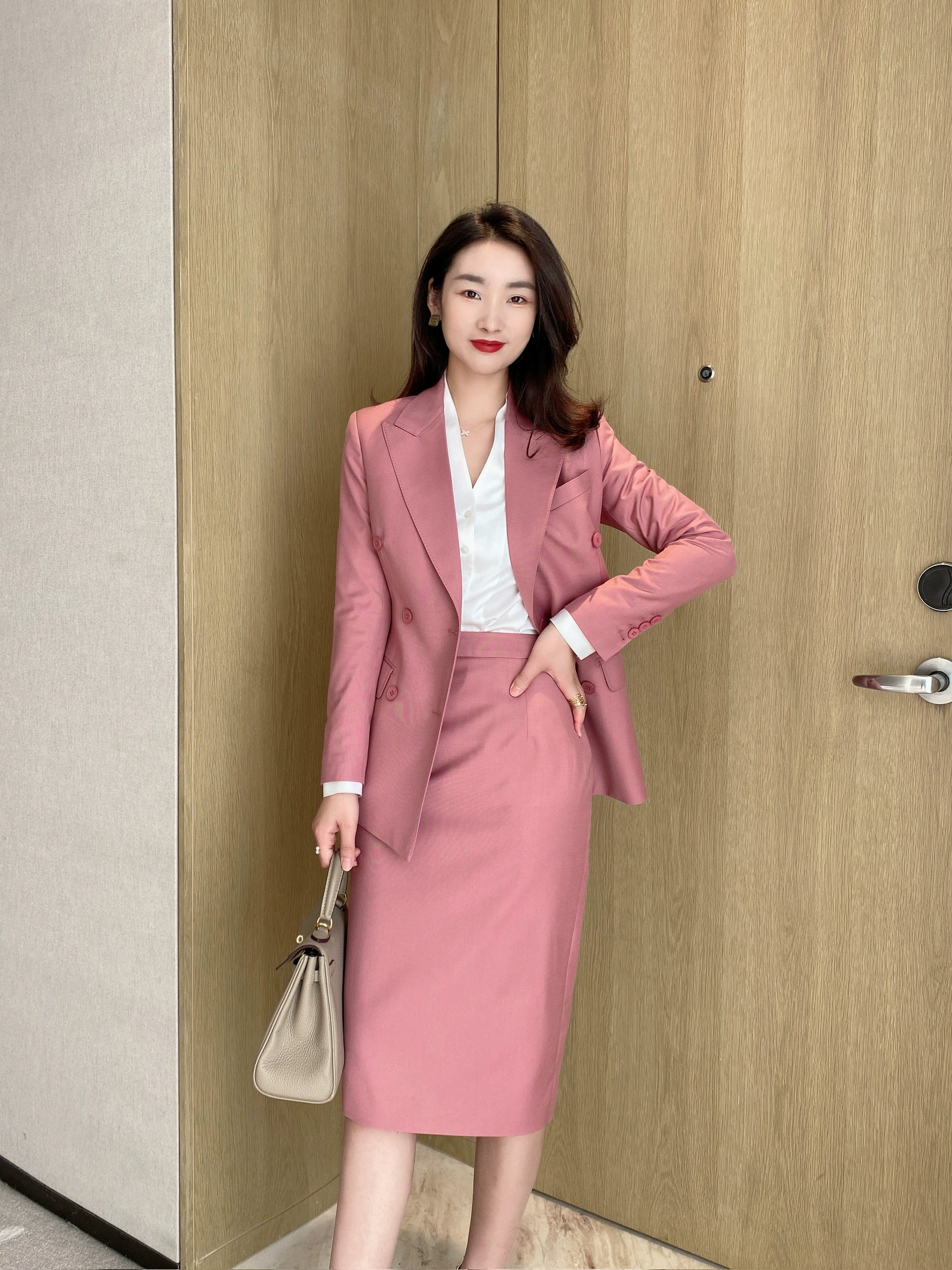 Elegant Dry Rose Powder Women's Suit Jacket & Skirt Set
