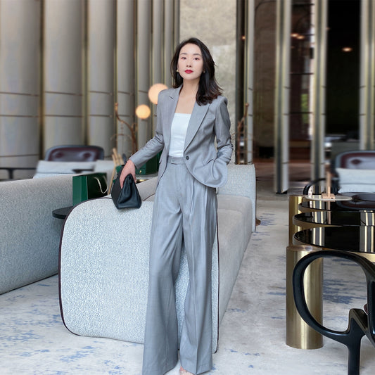 Grey Spring Autumn Unisex Classic Suit Jacket with Wide-Leg Trousers