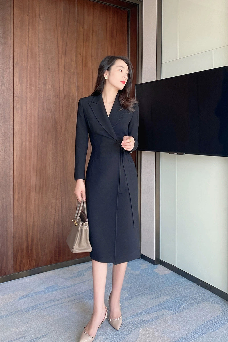 Autumn Black Classic Suit Jacket with Elegant Long Skirt