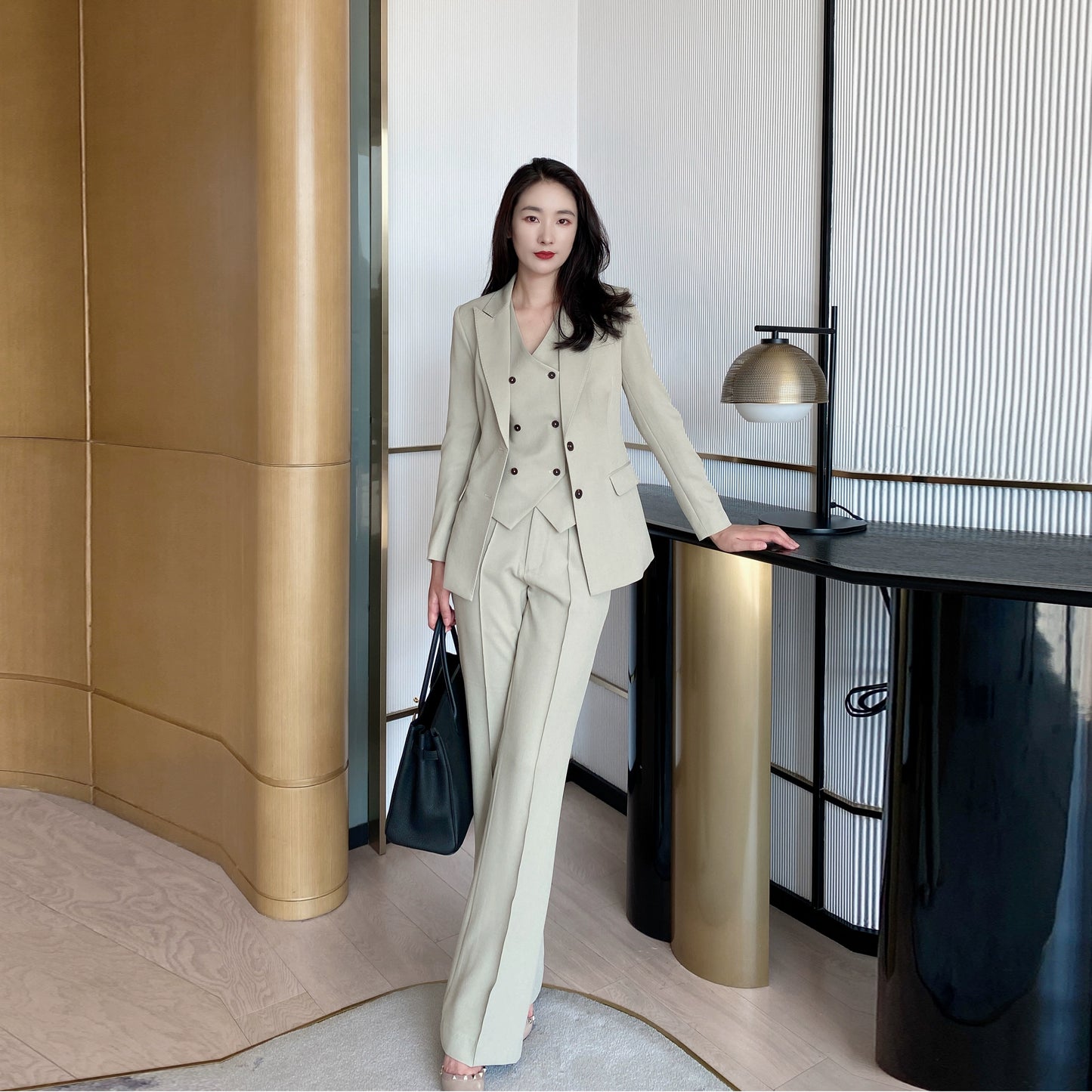 Elegant Khaki Women's Three-Piece Suit with Jacket Vest Flared Trousers