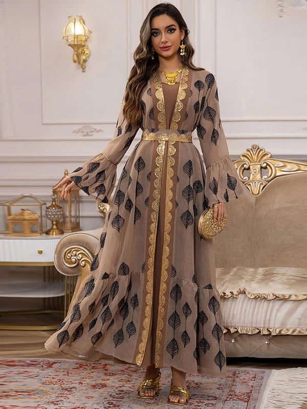 Elegant Khaki Arabic Embroidered Fashionable Two?Piece Dress Set