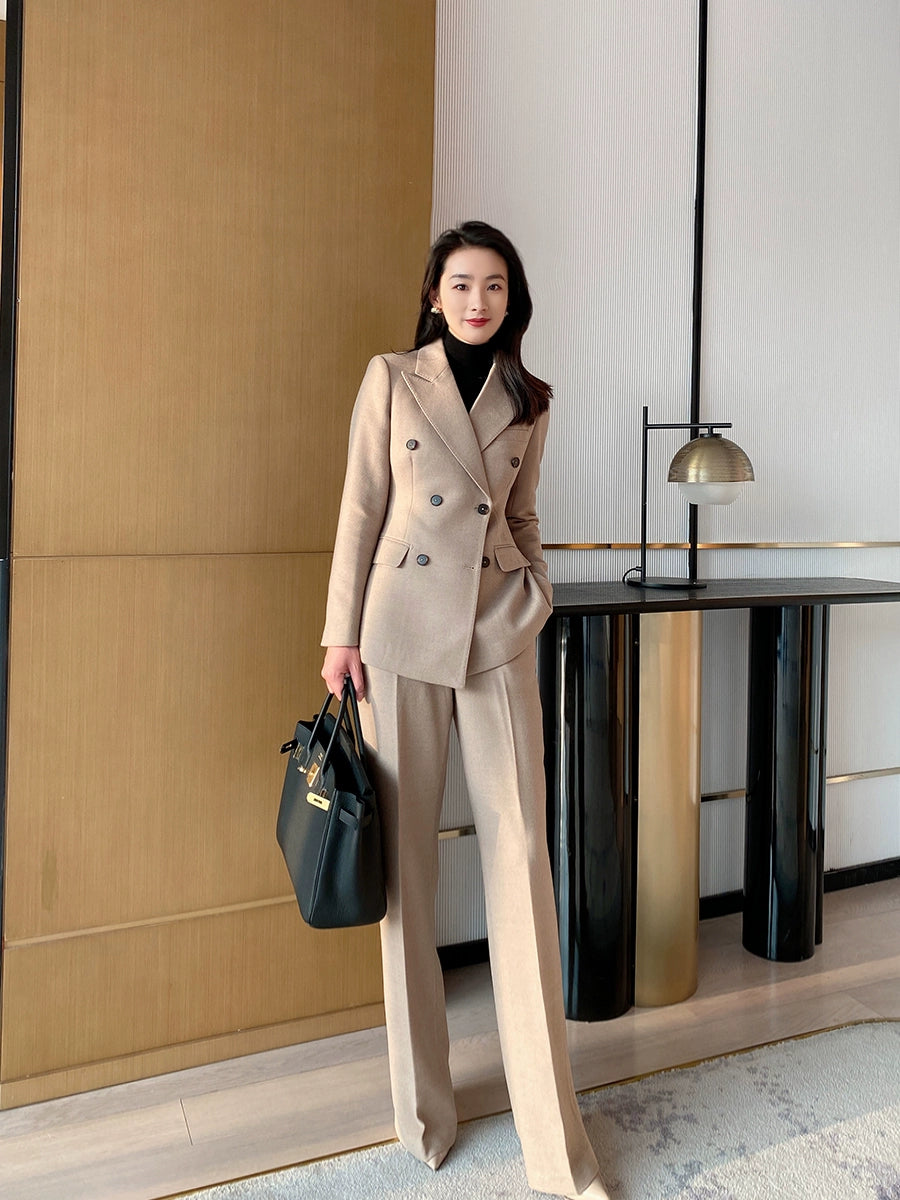 Beige Demi-Season Woolen Women's Suit with Tailored Fit
