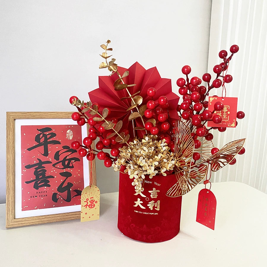 Red New Year Floral Bucket Decorative Arrangement for Home