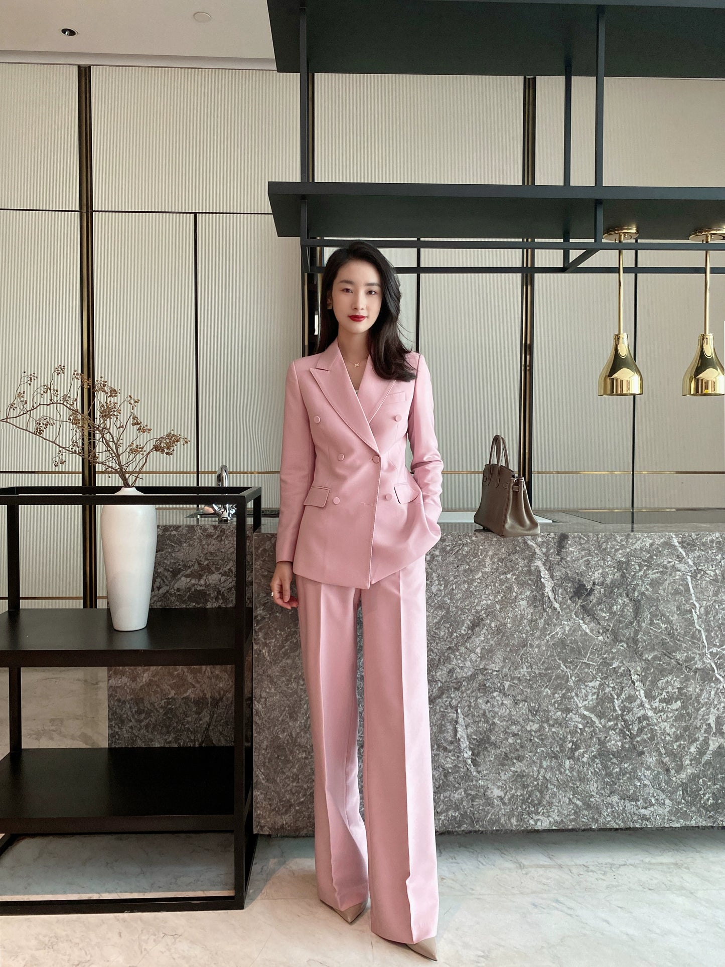 Fuchsia Classic Double-Breasted Suit with High-Waist Wide-Leg Trousers