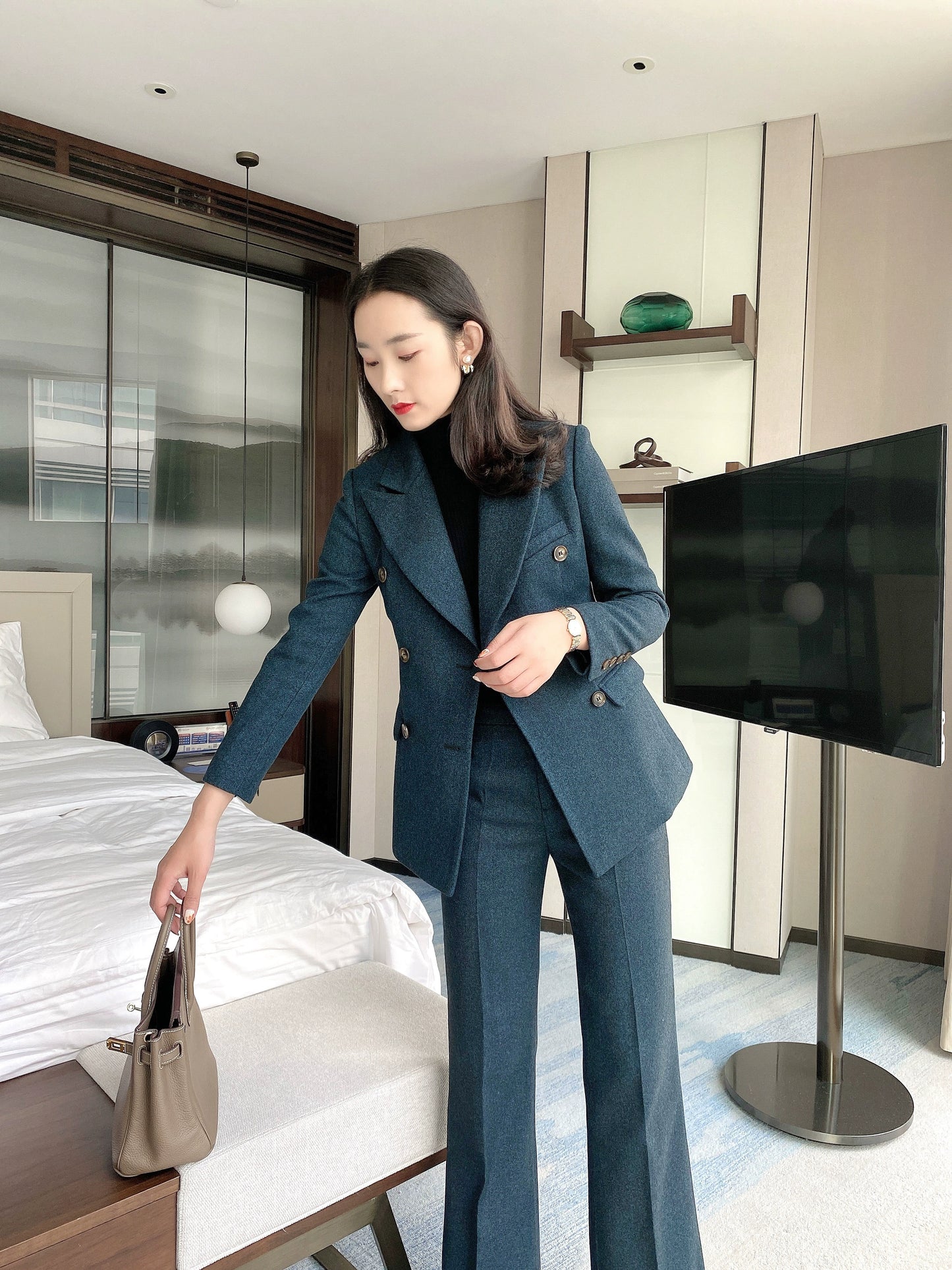 Indigo Woolen Women's Suit with Flared Trousers