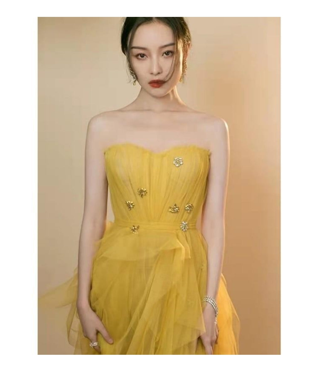 EG-SALE-AME-00100 Yellow evening gown tube top new high-end luxury niche celebrity wedding dress French high-end wedding dress