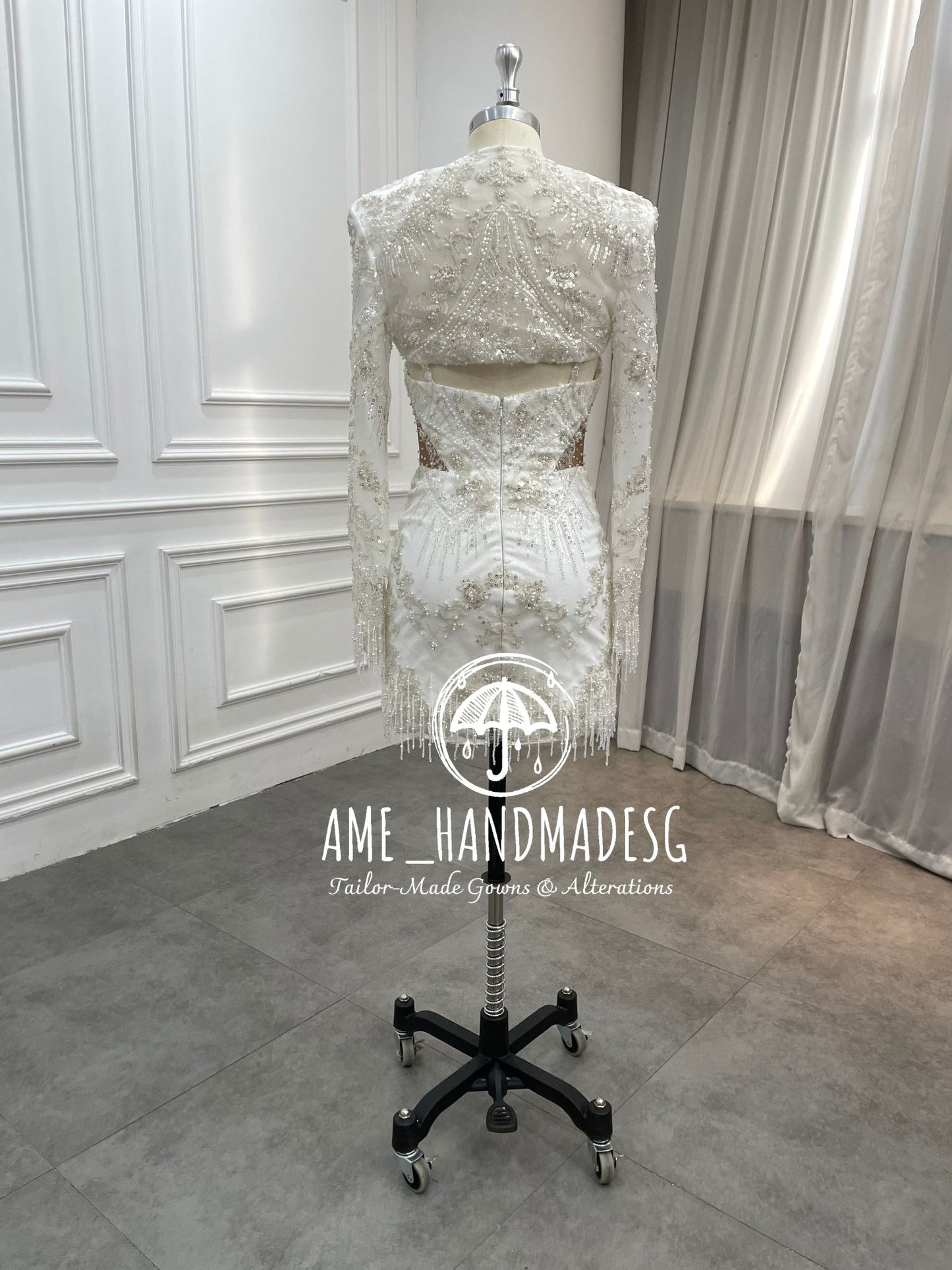 Luna Royale: A Beaded Bridal Mini with Regal Sleeves