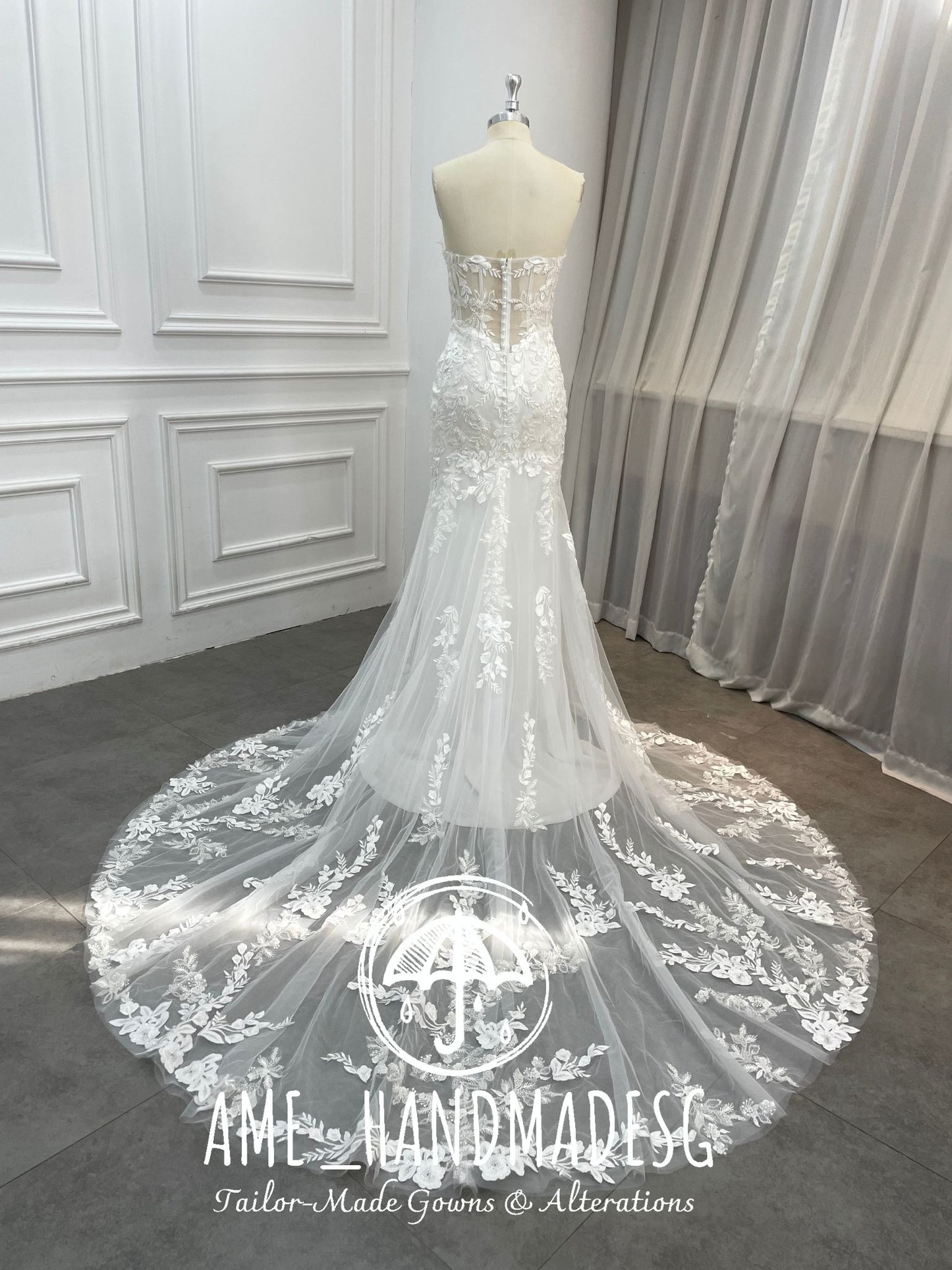 Whispered Vows — Floral Lace Fit-and-Flare Wedding Gown with Illusion Train