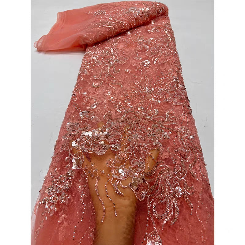 Foreign trade spot mesh fabric bead tube embroidery beaded flower large sequins sequins embroidery fabric dress wedding dress cheongsam