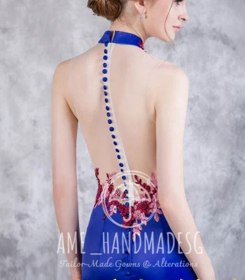 Blue fishtail dress Chinese stand-up collar sexy open-leg split bride toast clothing summer backless satin temperament female