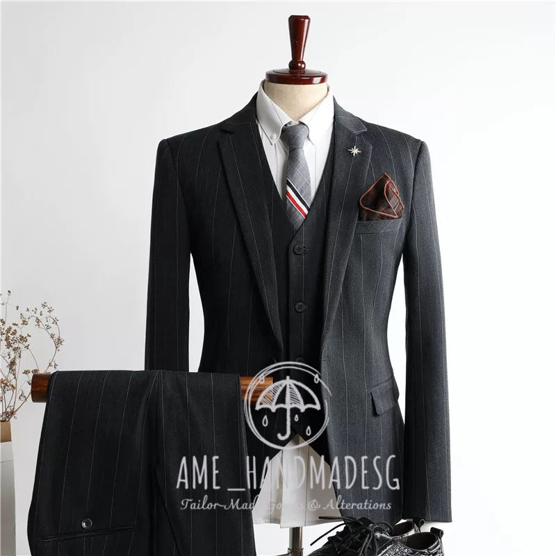 Suits for men British style striped casual suits three-piece suits for grooms wedding dresses