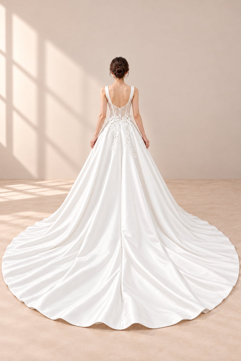 AI-assisted presentation edit: full back of the off-white wedding gown and long train.