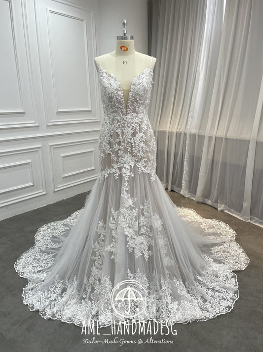 Enchanted Bloom Lace Mermaid Gown with Scalloped Train