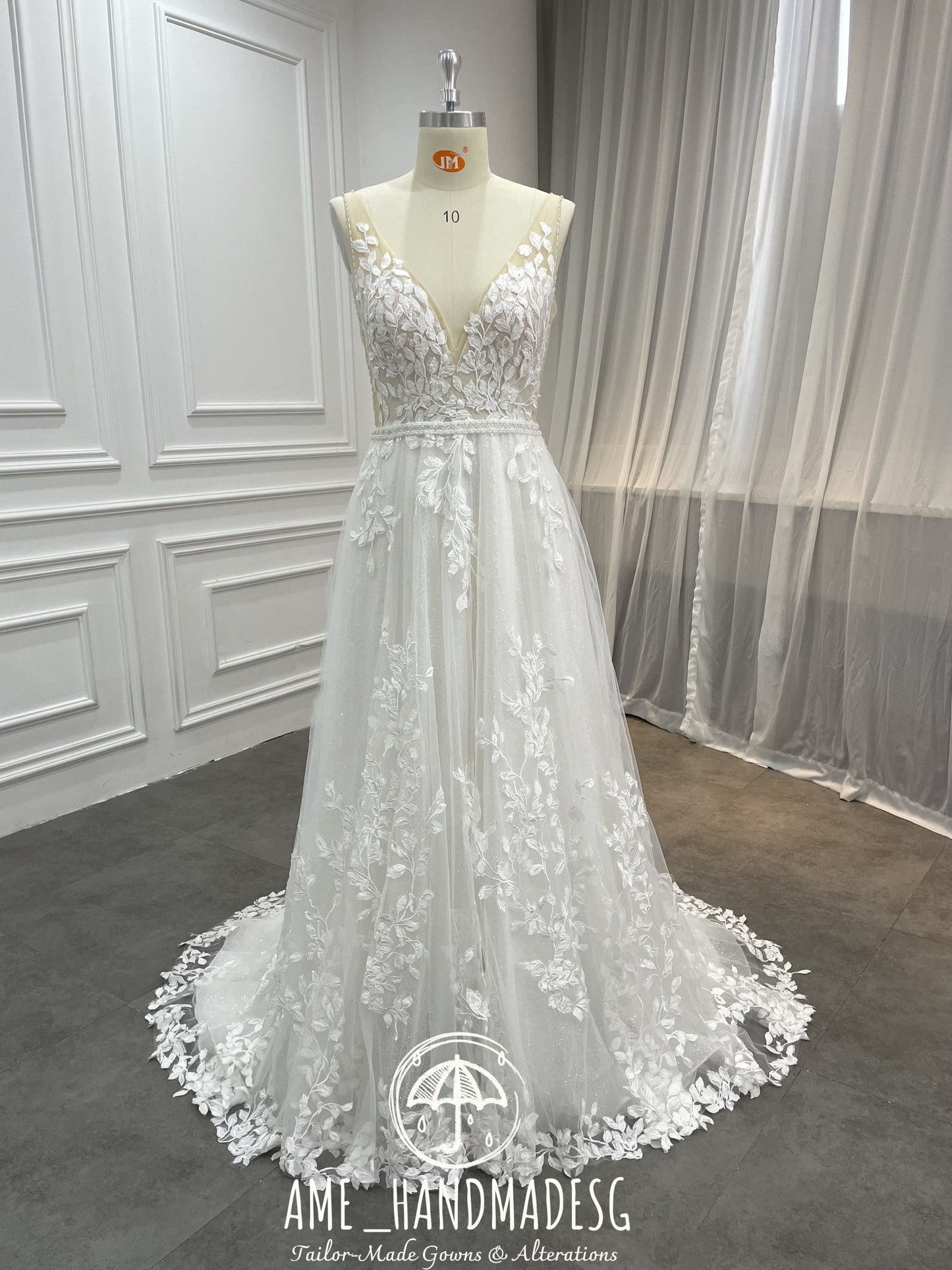 Whispering Garden A-Line Gown with Leaf Lace Appliqués