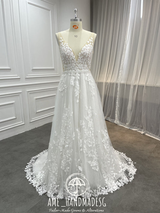 Whispering Garden A-Line Gown with Leaf Lace Appliqués