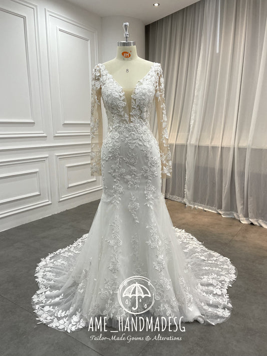 Enchanted Elegance Mermaid Gown with Illusion Sleeves and Floral Train