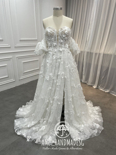 Romantic Off-Shoulder Floral Lace Wedding Gown with Corset Bodice & Flowing Train