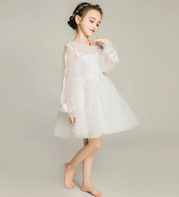 Elegant Princess Gown: Girls' Long-Sleeve Wedding Flower Girl Dress for Performances