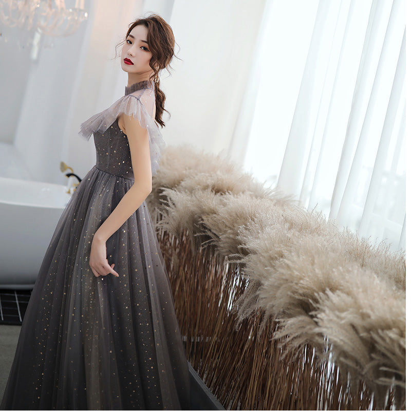 Evening Gowns Elegant High Neck Ruffles Robe De Soiree Plus Size Formal A-Line Floor-Length Women Party Dresses E779