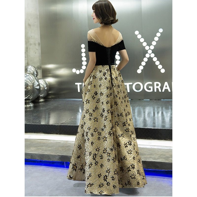 Evening Dress O-Neck Plus Size Sequin Women Party Dresses Short Sleeve Backless A-Line Robe De Soiree E1120