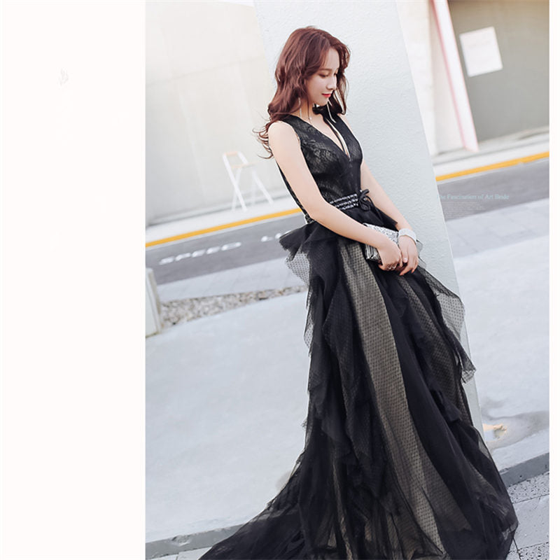 Evening Gowns Sexy V-neck Backless Black Train Robe De Soiree Formal Sleeveless A-Line Women Party Dresses E874