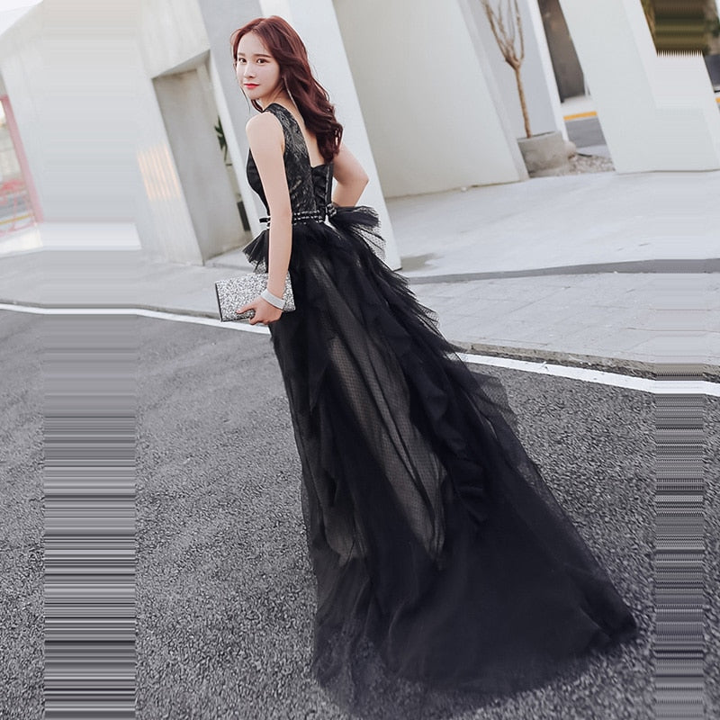 Evening Gowns Sexy V-neck Backless Black Train Robe De Soiree Formal Sleeveless A-Line Women Party Dresses E874