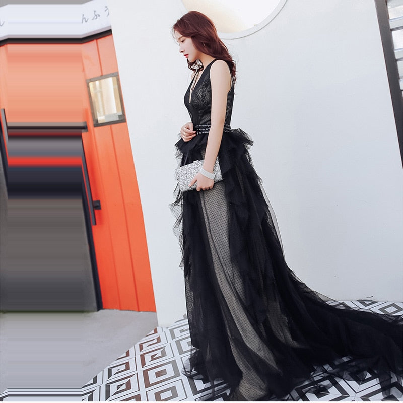 Evening Gowns Sexy V-neck Backless Black Train Robe De Soiree Formal Sleeveless A-Line Women Party Dresses E874
