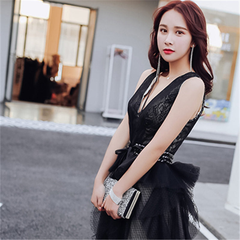 Evening Gowns Sexy V-neck Backless Black Train Robe De Soiree Formal Sleeveless A-Line Women Party Dresses E874