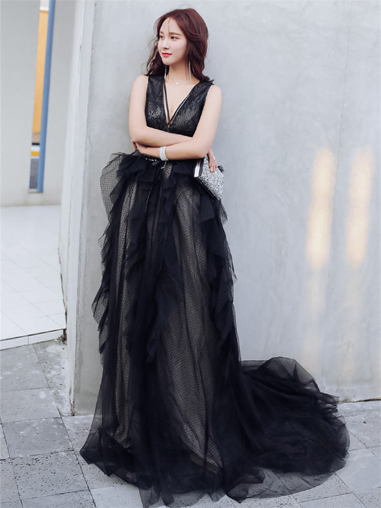 Evening Gowns Sexy V-neck Backless Black Train Robe De Soiree Formal Sleeveless A-Line Women Party Dresses E874