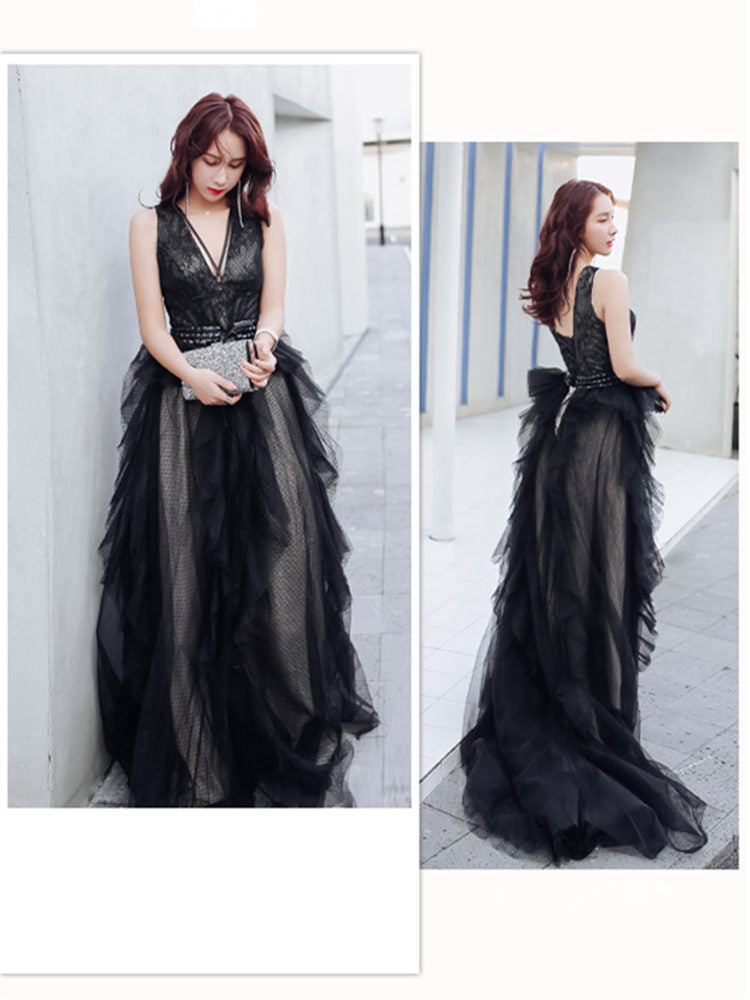 Evening Gowns Sexy V-neck Backless Black Train Robe De Soiree Formal Sleeveless A-Line Women Party Dresses E874