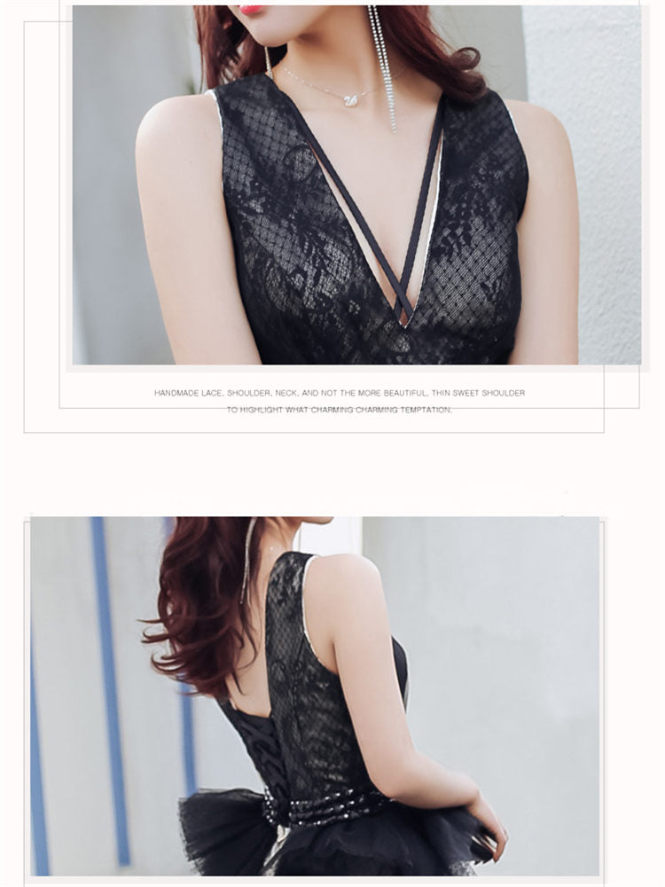 Evening Gowns Sexy V-neck Backless Black Train Robe De Soiree Formal Sleeveless A-Line Women Party Dresses E874