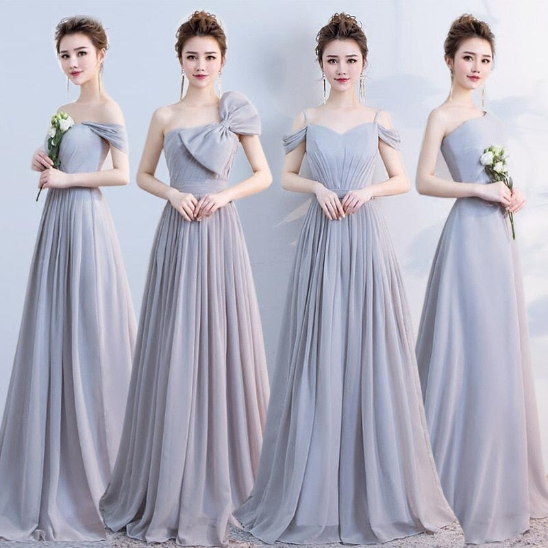 Elegant Grey Off The Shoulder Chiffon Lace Up Bridesmaid Dresses Backless A-line Long Vestidos De Festa Wedding Party Gowns