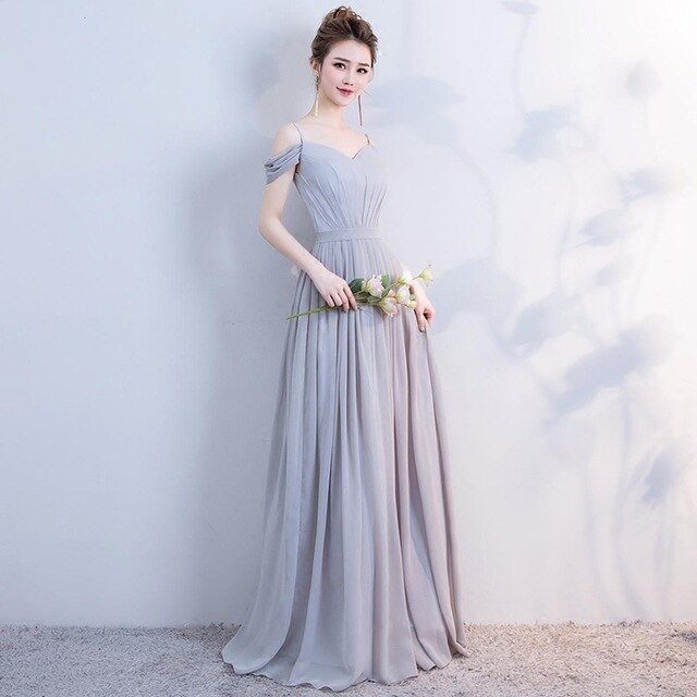 Elegant Grey Off The Shoulder Chiffon Lace Up Bridesmaid Dresses Backless A-line Long Vestidos De Festa Wedding Party Gowns