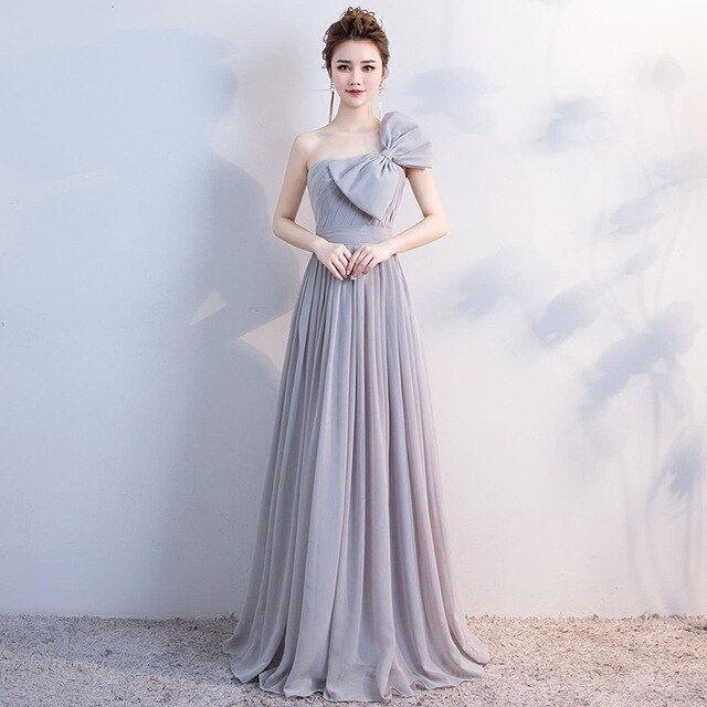 Elegant Grey Off The Shoulder Chiffon Lace Up Bridesmaid Dresses Backless A-line Long Vestidos De Festa Wedding Party Gowns