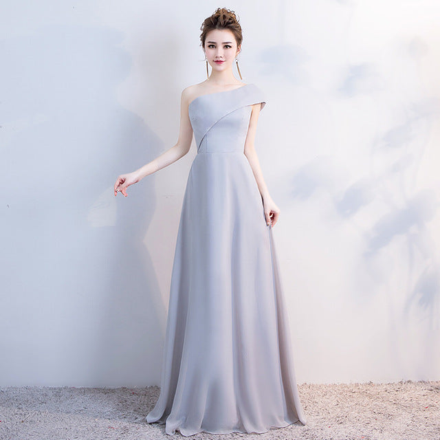 Elegant Grey Off The Shoulder Chiffon Lace Up Bridesmaid Dresses Backless A-line Long Vestidos De Festa Wedding Party Gowns