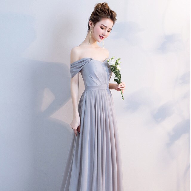 Elegant Grey Off The Shoulder Chiffon Lace Up Bridesmaid Dresses Backless A-line Long Vestidos De Festa Wedding Party Gowns