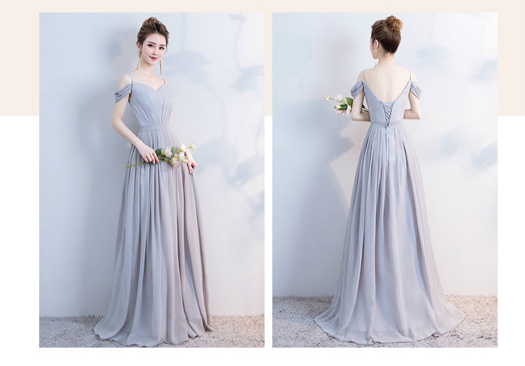 Elegant Grey Off The Shoulder Chiffon Lace Up Bridesmaid Dresses Backless A-line Long Vestidos De Festa Wedding Party Gowns