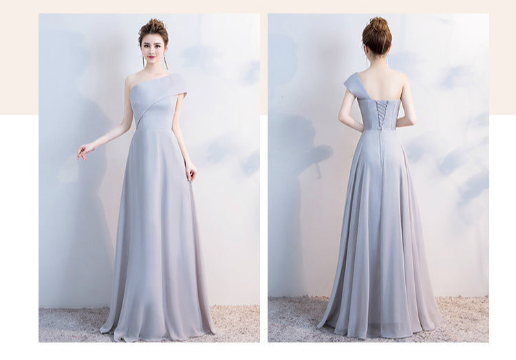 Elegant Grey Off The Shoulder Chiffon Lace Up Bridesmaid Dresses Backless A-line Long Vestidos De Festa Wedding Party Gowns