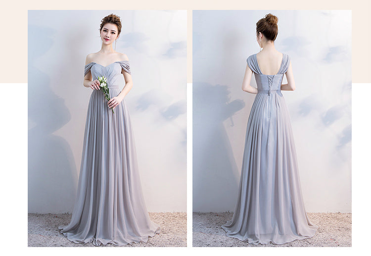 Elegant Grey Off The Shoulder Chiffon Lace Up Bridesmaid Dresses Backless A-line Long Vestidos De Festa Wedding Party Gowns
