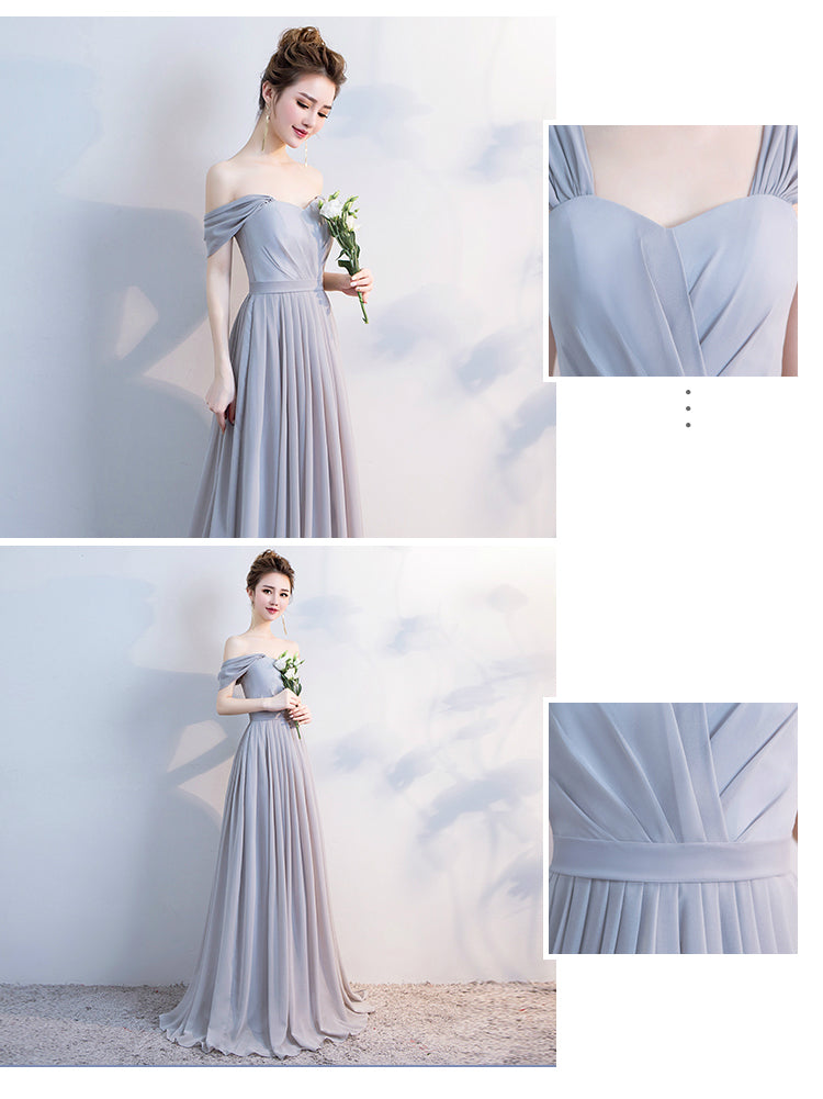 Elegant Grey Off The Shoulder Chiffon Lace Up Bridesmaid Dresses Backless A-line Long Vestidos De Festa Wedding Party Gowns
