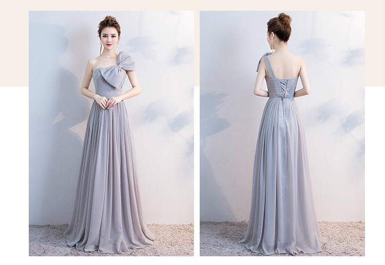 Elegant Grey Off The Shoulder Chiffon Lace Up Bridesmaid Dresses Backless A-line Long Vestidos De Festa Wedding Party Gowns