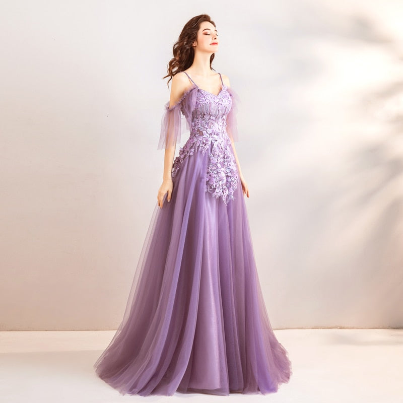 Purple Evening Dress Strapless A-line Tulle Party Evening Dresses Sex Floor-length Short Sleeves Lace up LX807