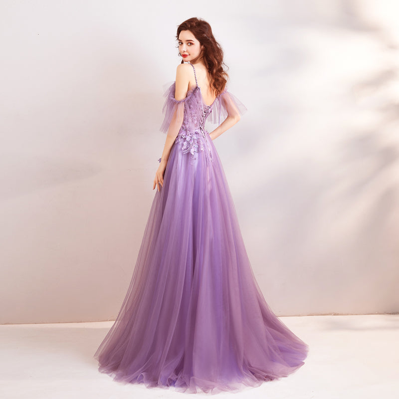 Purple Evening Dress Strapless A-line Tulle Party Evening Dresses Sex Floor-length Short Sleeves Lace up LX807